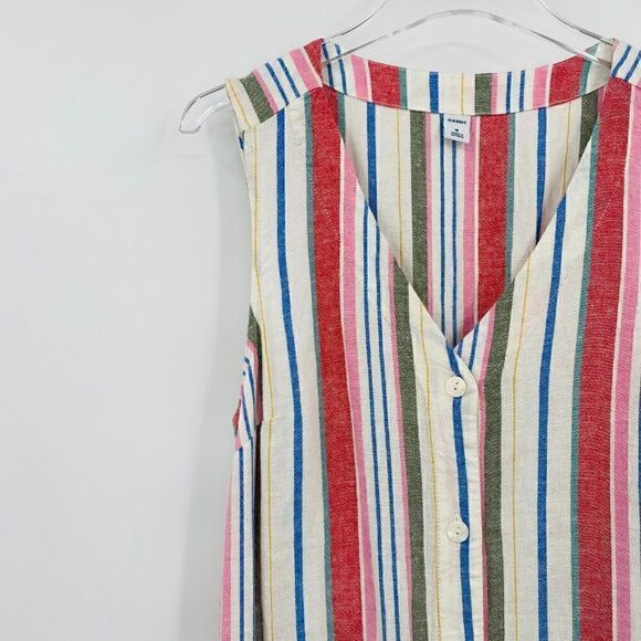 Old Navy Size Medium Linen Blend Sleeveless Striped Midi Dress Pockets - Picture 9 of 12